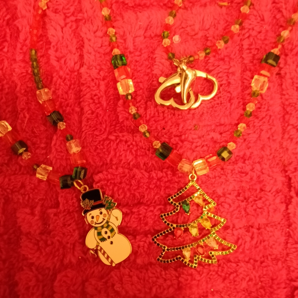 Festive Snowman and Christmas Tree Necklace Set
